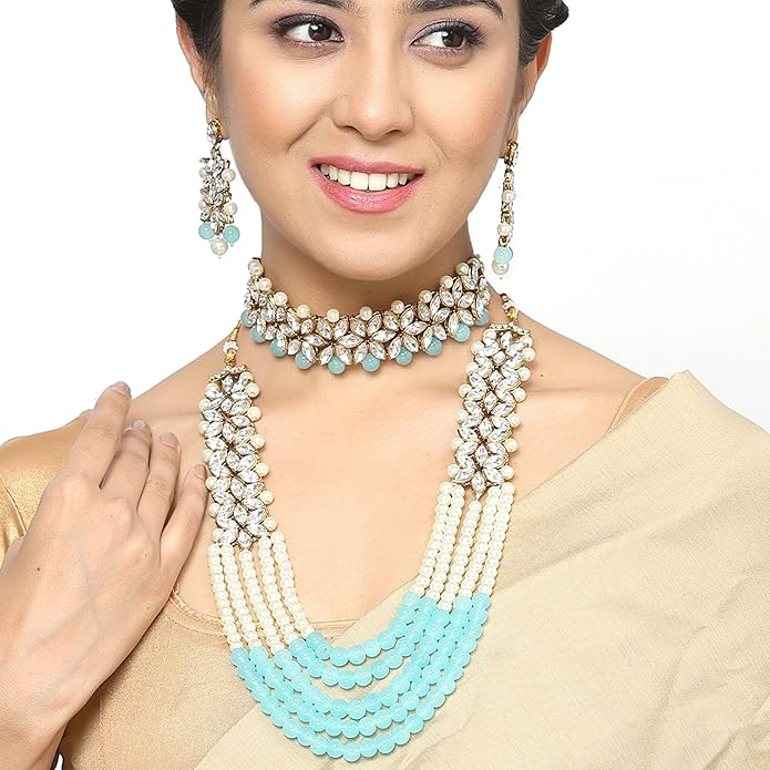 Jewellery Sets for Women Gold Plated Bridal Long Necklace Set Neck Choker with Earrings and Maang Tikka for Women & GirlsV