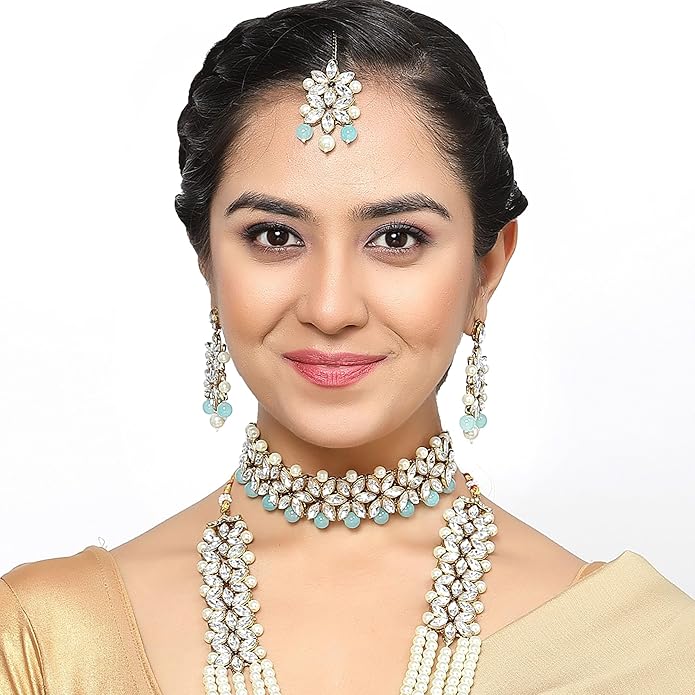 Jewellery Sets for Women Gold Plated Bridal Long Necklace Set Neck Choker with Earrings and Maang Tikka for Women & GirlsV - Image 5
