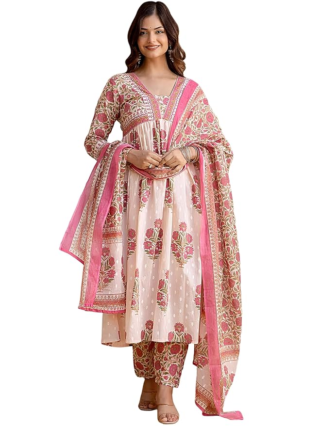 Pinkmint Printed Muslin Anarkali Kurta Set with Dupatta & Straight Pants for Women Traditional Ethnic Wear