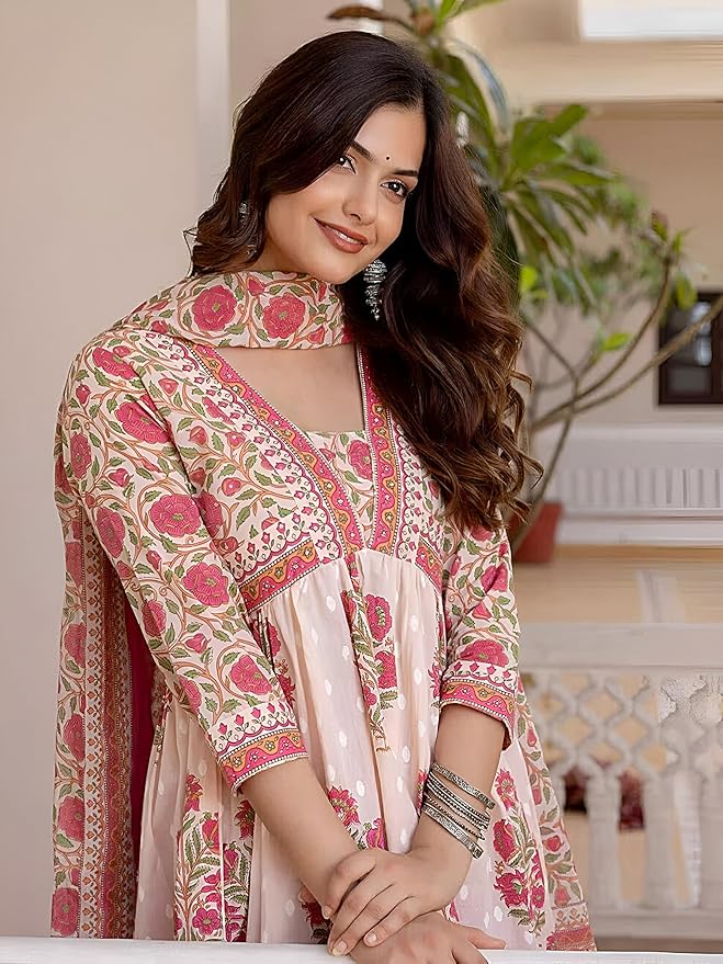 Pinkmint Printed Muslin Anarkali Kurta Set with Dupatta & Straight Pants for Women Traditional Ethnic Wear - Image 3