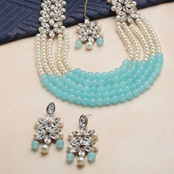 Jewellery Sets for Women Gold Plated Bridal Long Necklace Set Neck Choker with Earrings and Maang Tikka for Women & GirlsV - Image 6